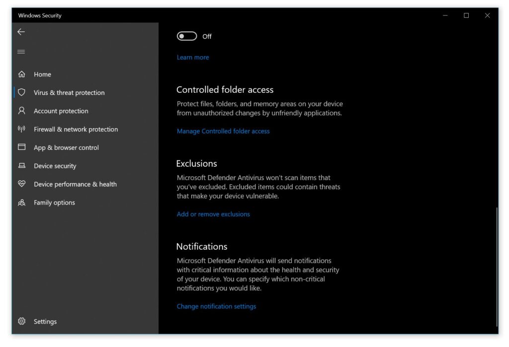 Add or remove exclusions