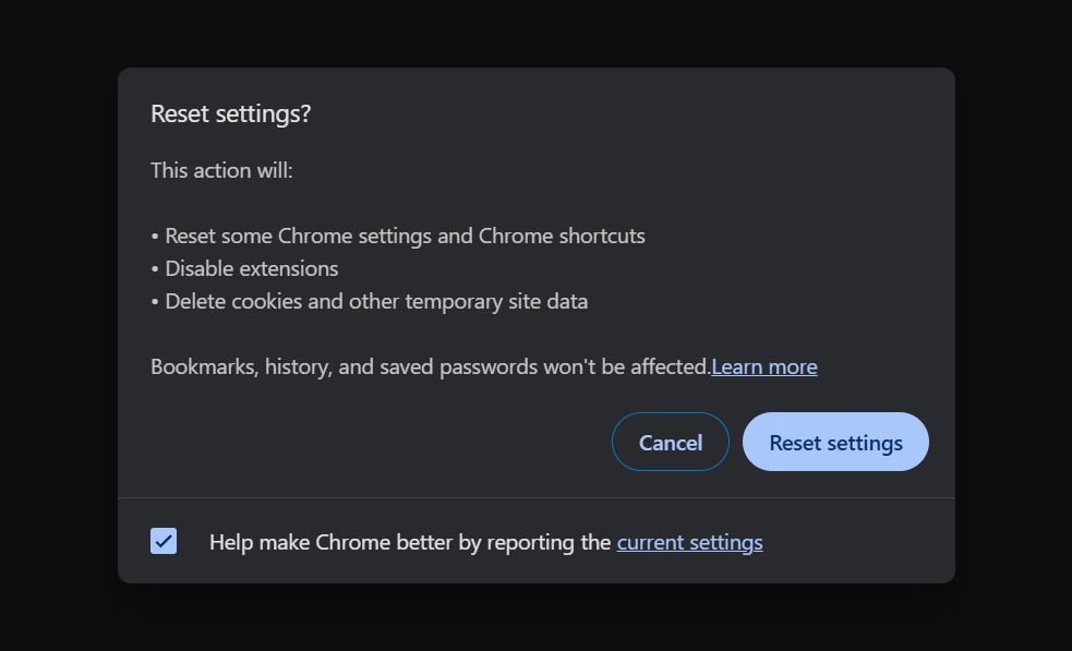Google Chrome reset settings dialog showing Reset button
