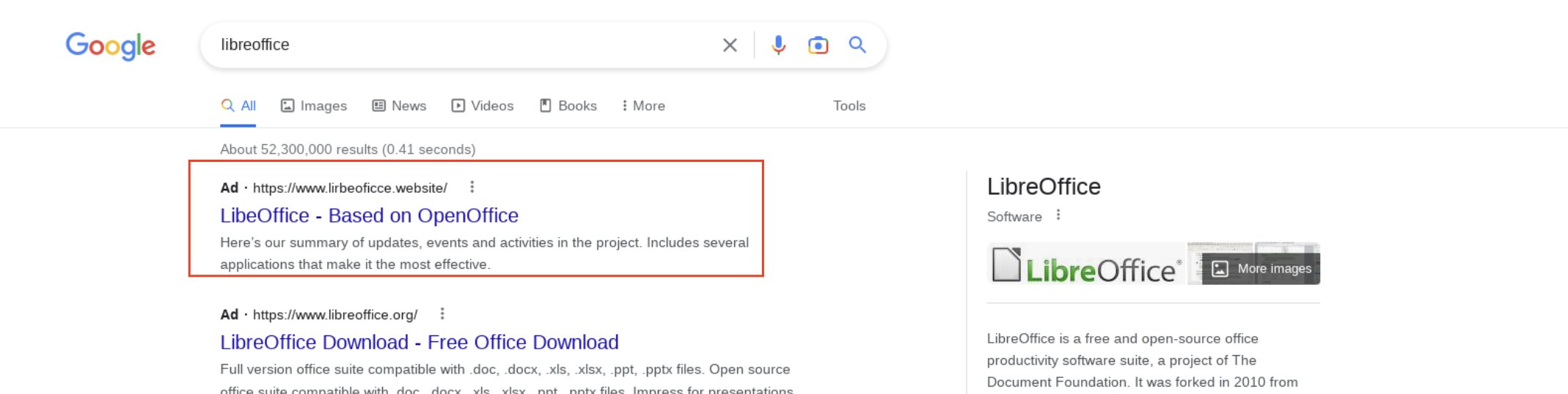 Google Search Malvertising: Fake Ads of Free Programs in Google Ads 2 Fake Libreoffice ad