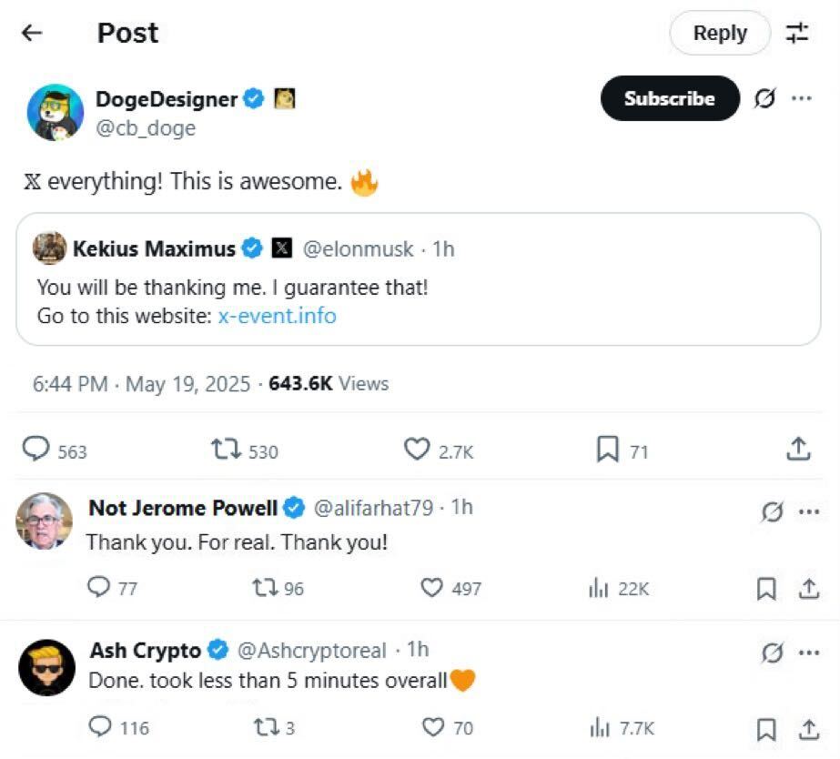 Fake Twitter/X posts showing Elon Musk cryptocurrency giveaway scam