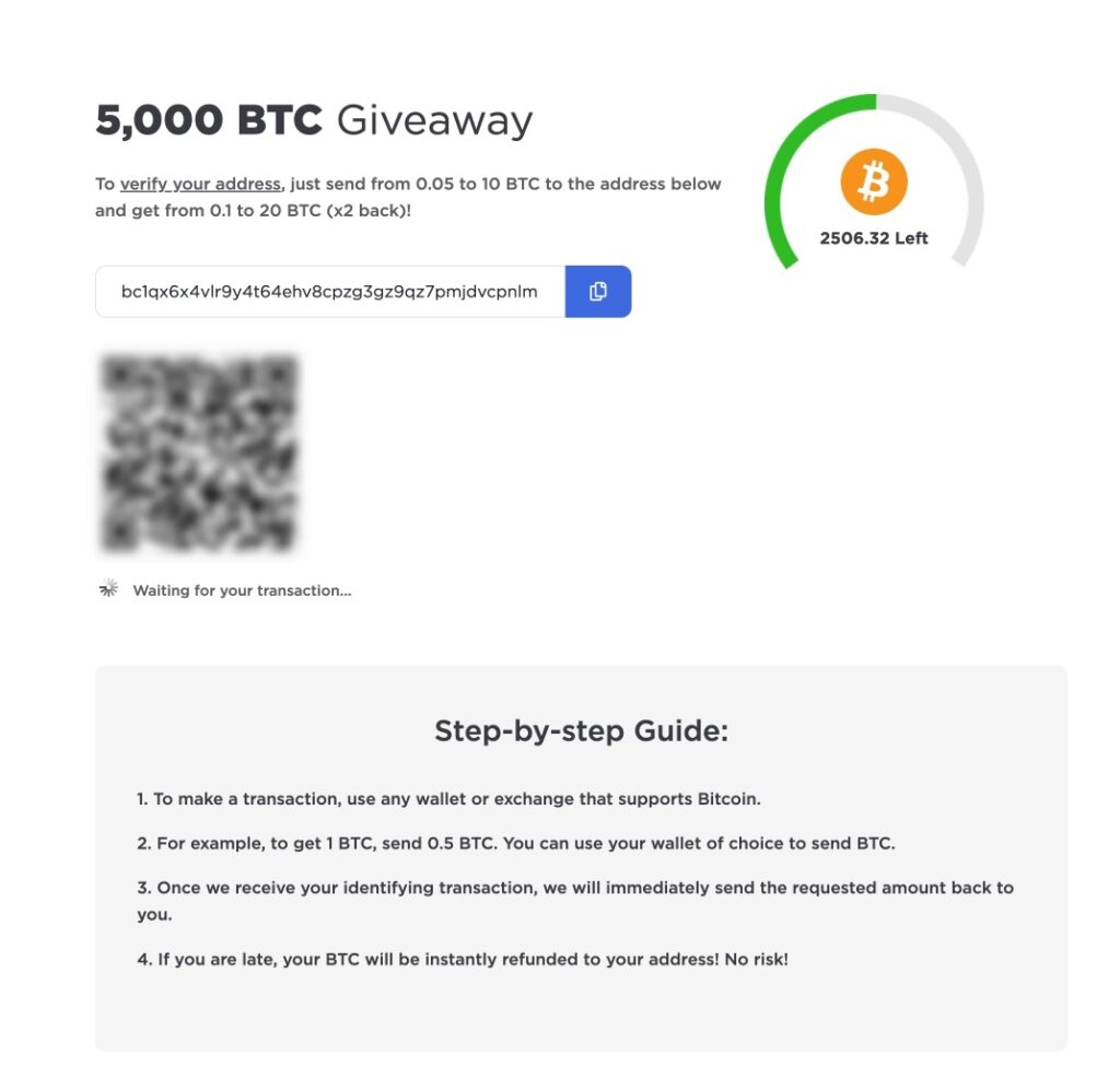 Fake Elon Musk cryptocurrency giveaway website showing transaction form