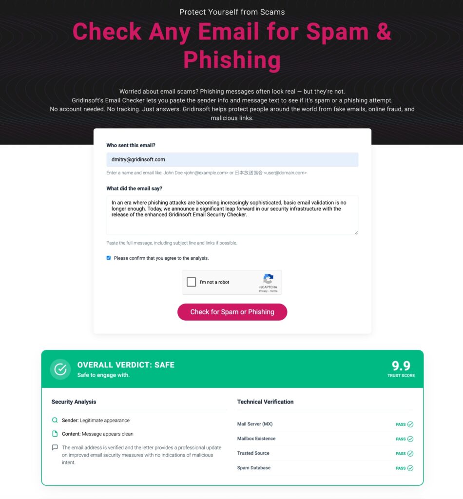 Gridinsoft Email Security Checker Upgrade