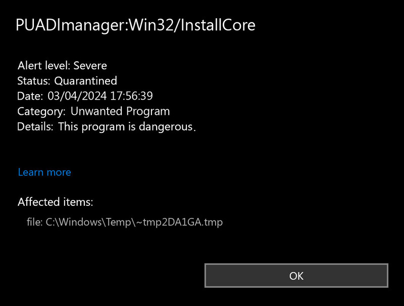 PUADlmanager:Win32/InstallCore Detection in Windows Defender