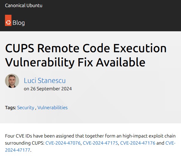 Multiple Vulnerabilities in Linux CUPS Discovered, Allows for RCE 2 Official note Ubuntu