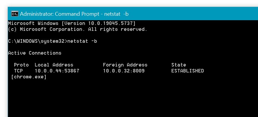Run netstat -b command as Administrator