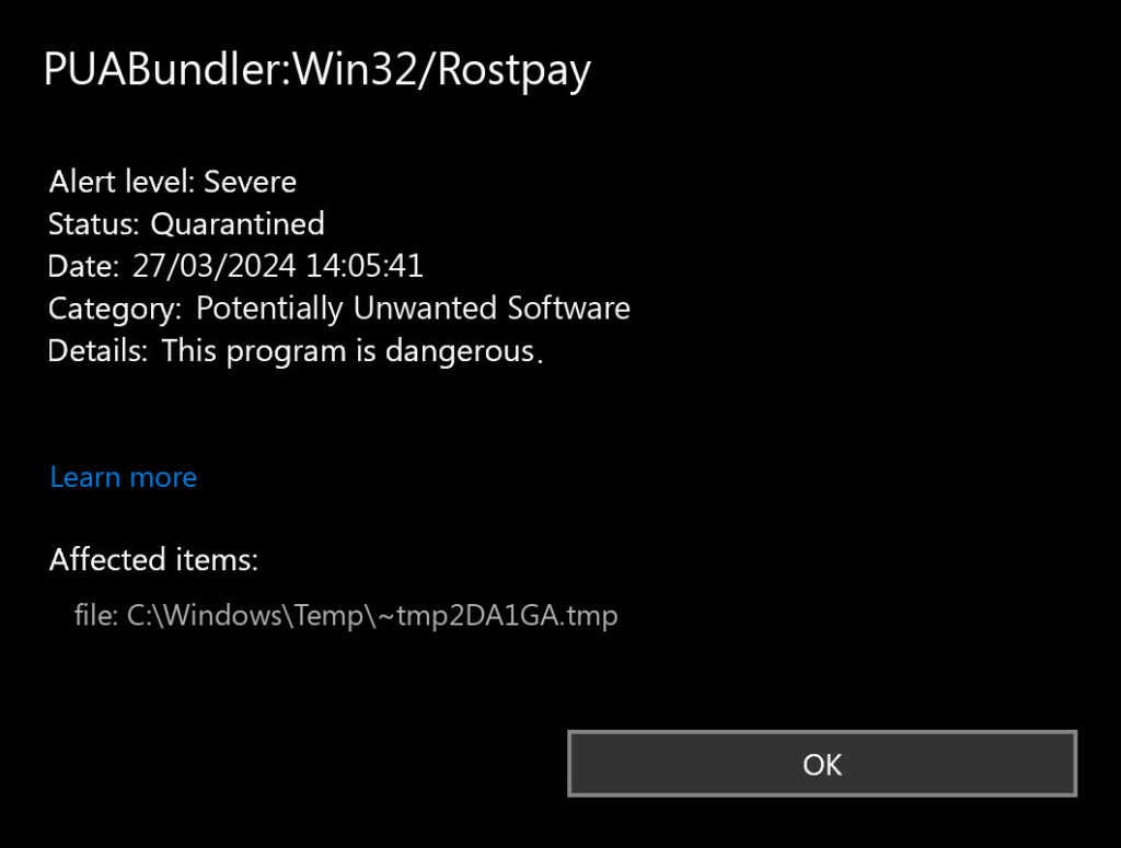 Defender detect PUABundler:Win32/Rostpay