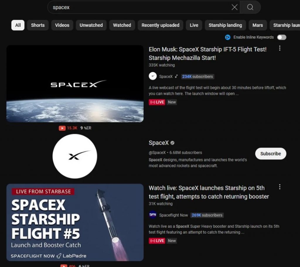 SpaceX Rocket Launch Scam 3 The fake channel at the top