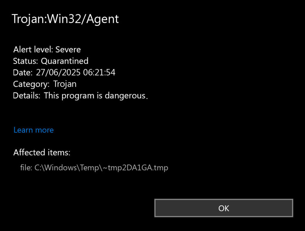 Trojan:Win32/Agent Virus Detection on Windows 11