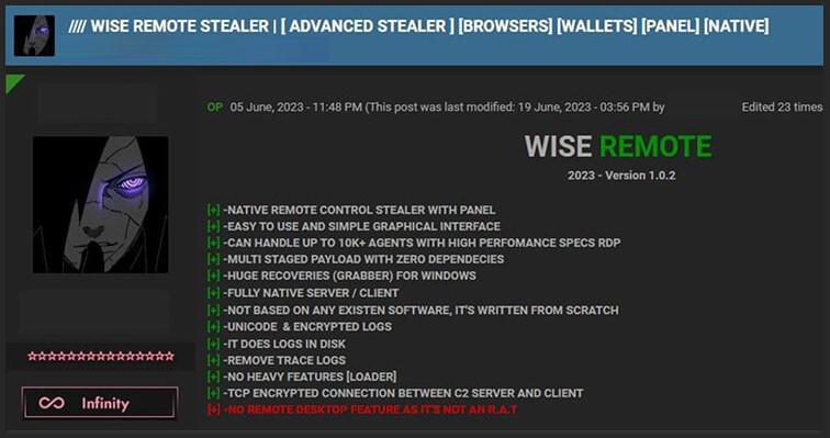 Wise Remote Trojan: Infostealer, RAT, DDoS Bot, and Ransomware 2 Wise Remote Stealer on hackers forum