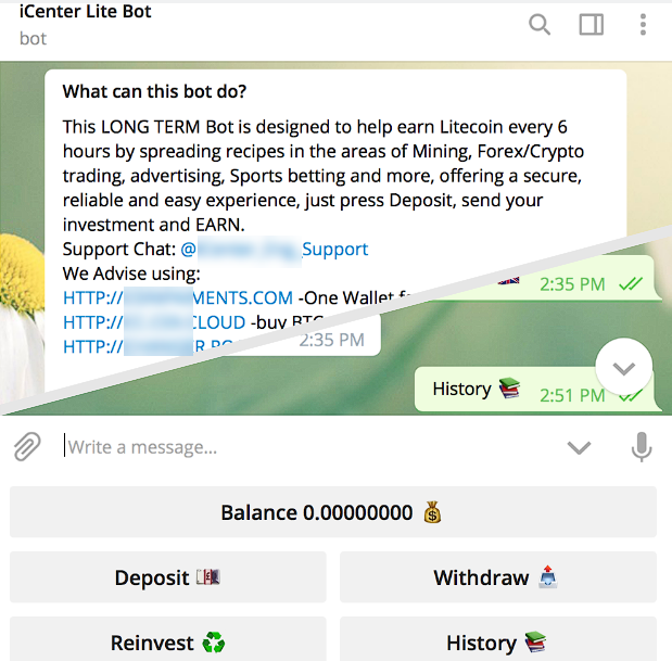 Screenshot of a Telegram bot offering fake earning opportunities, showing automated messaging interface with false promises