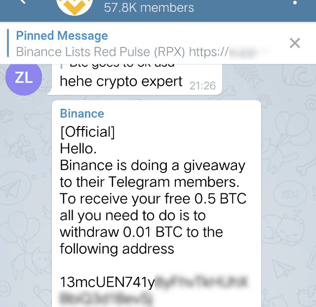 Screenshot of a fake Binance cryptocurrency giveaway promotion on Telegram showing false promises of free crypto tokens