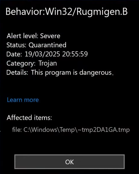 Behavior:Win32/Rugmigen.B detection popup