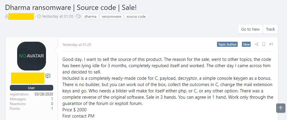 Dharma ransomware source code put for sale 2 Dharma ransomware source code