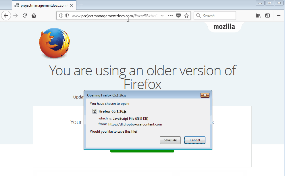Fake update site that appears after the redirection