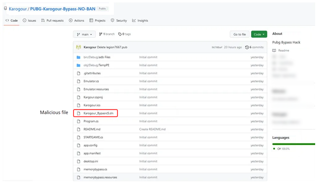 Legion Stealer targeting PUBG players 2 Malicious file hosted on GitHub screenshot