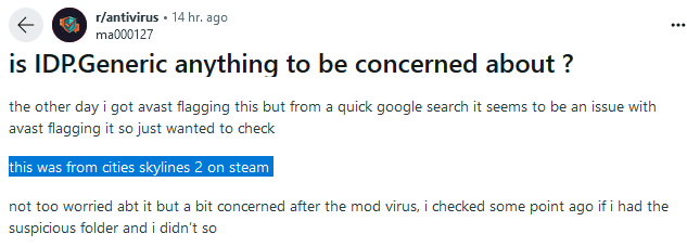 Reddit thread showing multiple users reporting false IDP.Generic detections in legitimate Steam games