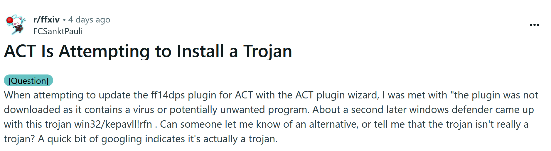 Reddit discussion about Trojan:Win32/Kepavll!rfn false positive