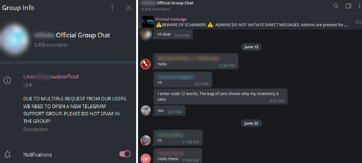 Comparison showing a legitimate Telegram channel and a fake copycat version with nearly identical names, logos, and content structure