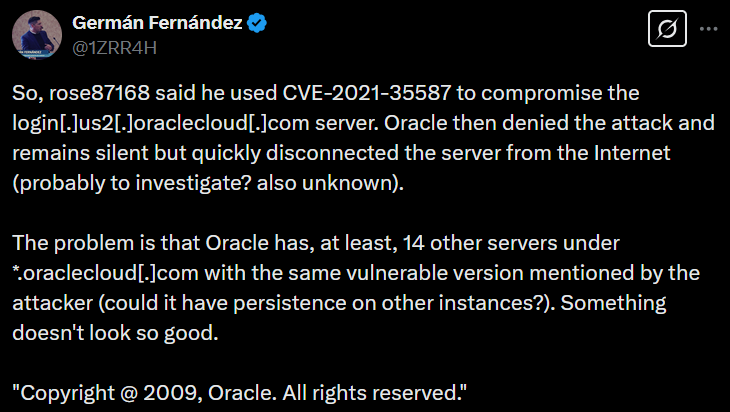 Oracle Cloud Breach Plausible, Experts Research Confirms 3 Oracle Cloud breach Twitter