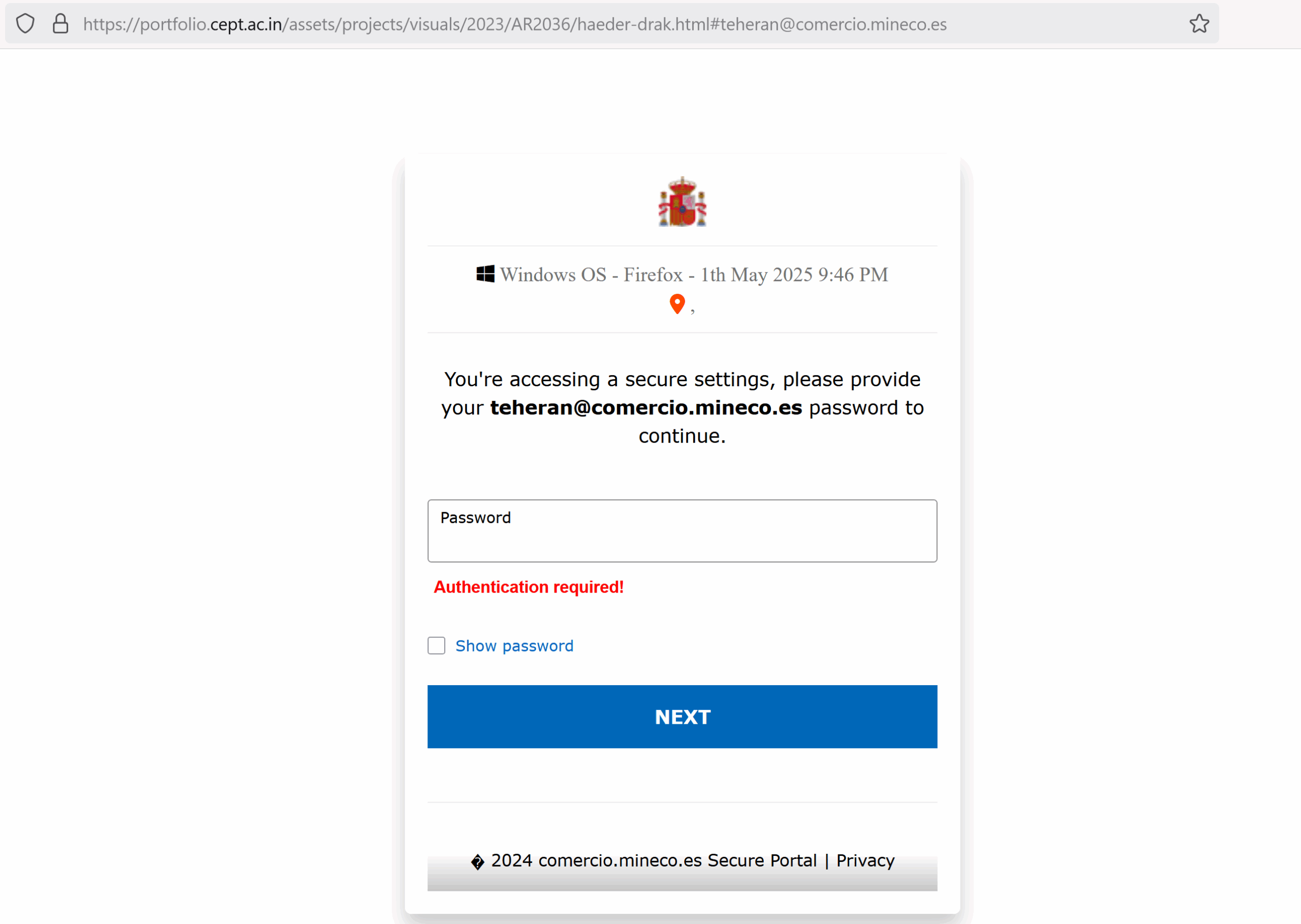 Phishing page example