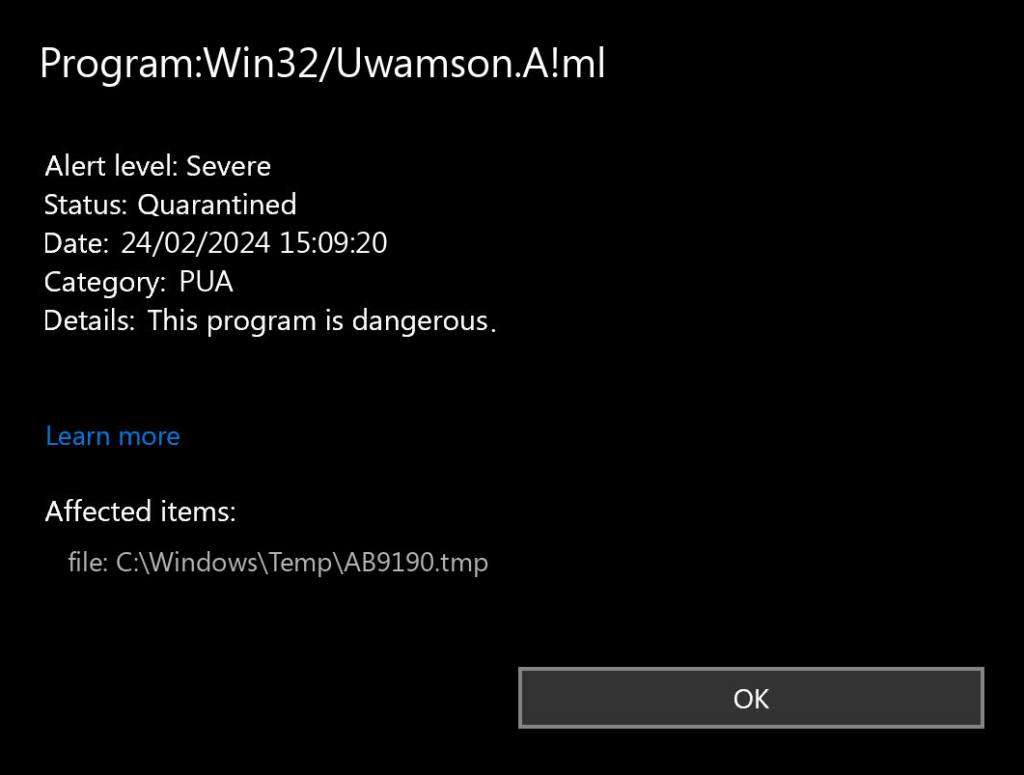 Program:Win32/Uwamson.A!ml 2 Win32/Uwamson.A!ml detection Defender