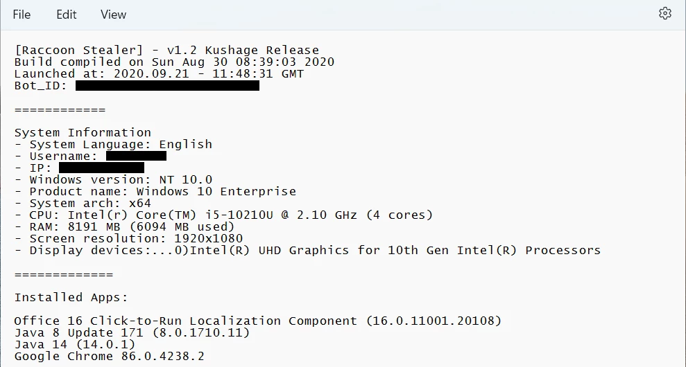 System information logs collected by Raccoon Stealer