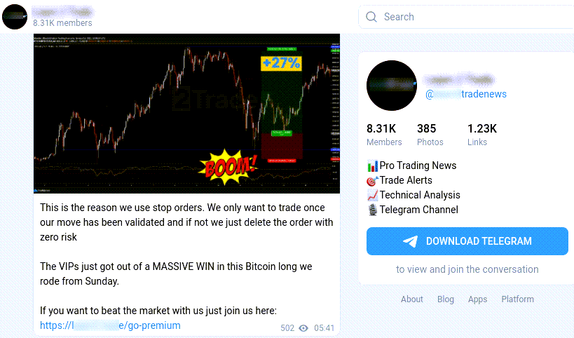 Screenshot of a Telegram crypto channel promoting premium membership for investment signals, showing typical pump and dump scheme features