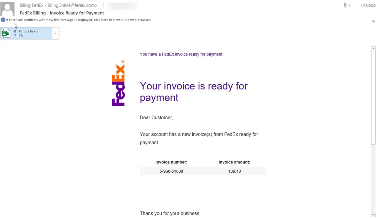 Spoofed FedEx delivery notification, that likely contains malware
