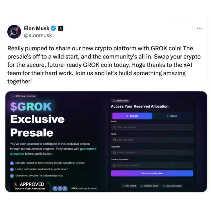 $GROK Presale Scam: Crypto Investment Fraud 3 Initial Engagement - Fabricated Elon Musk Tweet About GROK Coin