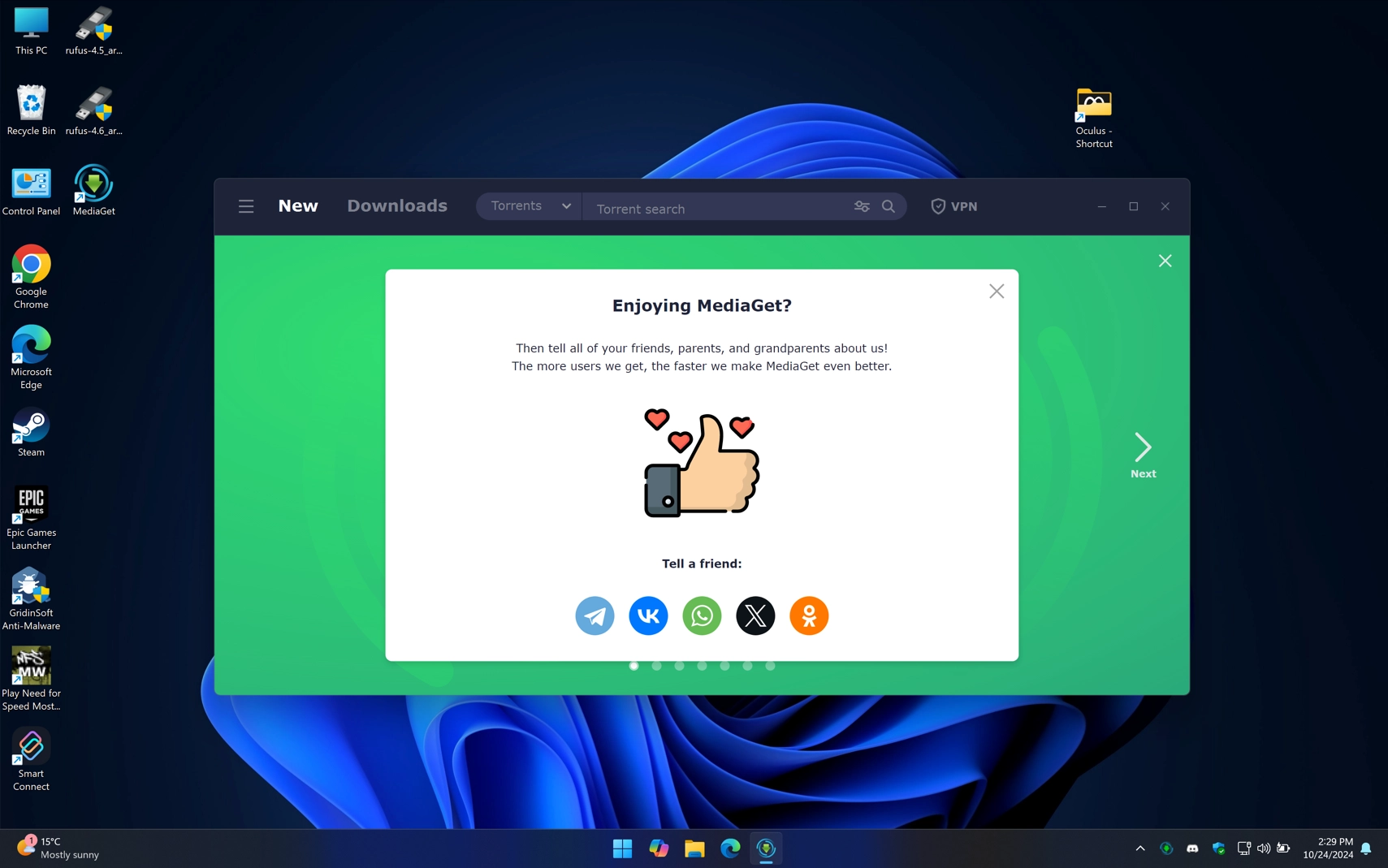 PUABundler:Win32/MediaGet 8 7 offer to share on social media PUABundler:Win32/MediaGet