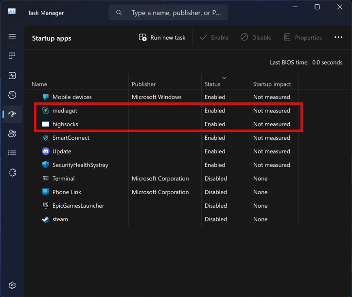 PUABundler:Win32/MediaGet 9 MediaGet and highsocks.exe in the Autorun