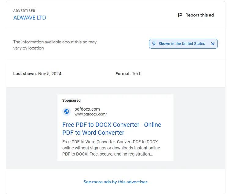 Fake online file converter in the Google Ads example