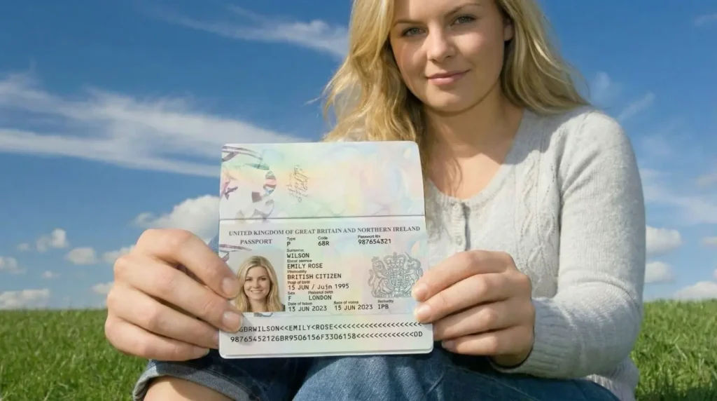 AI-generated person holding a generated fake IDs - document fraud example