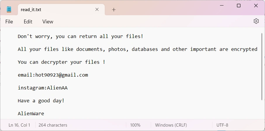 AlienWare Ransomware 2 AlienWare ransomware note