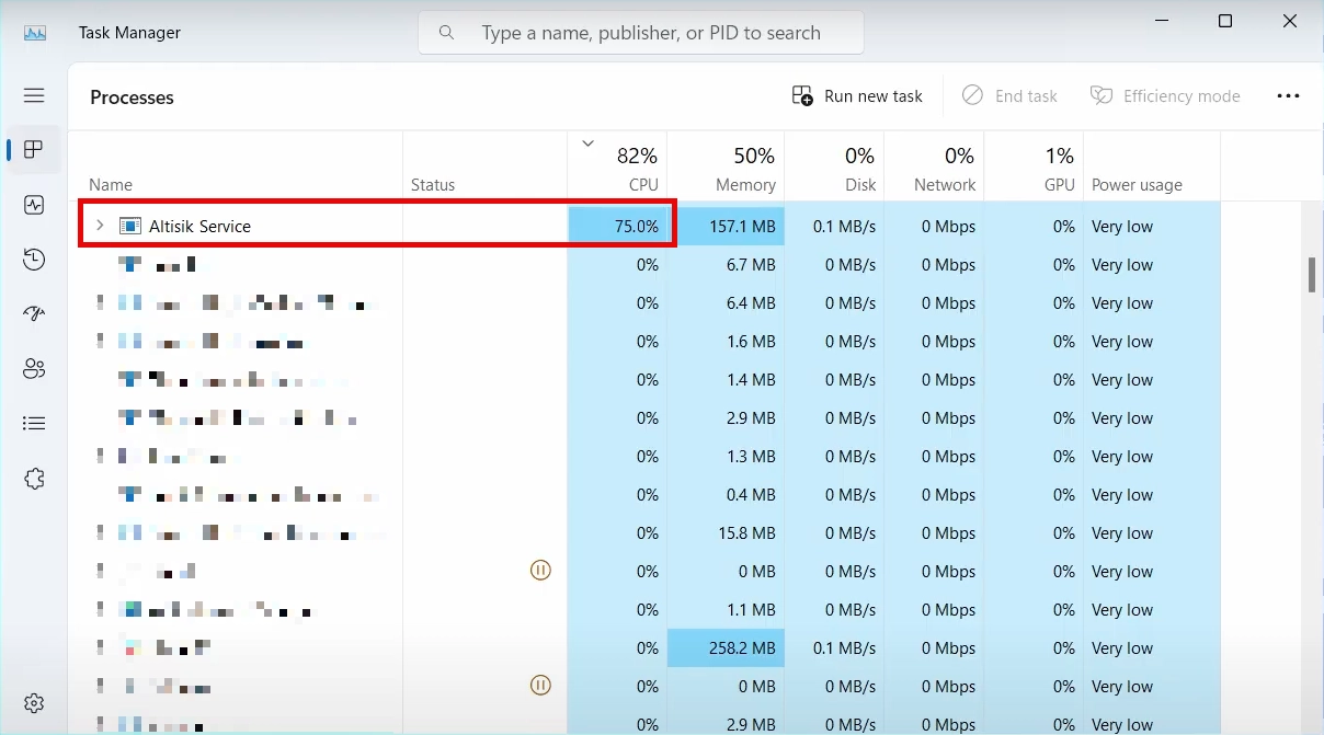 Altisik Service Virus Analysis & Removal 2 Altisik Service in the Task Manager screenshot