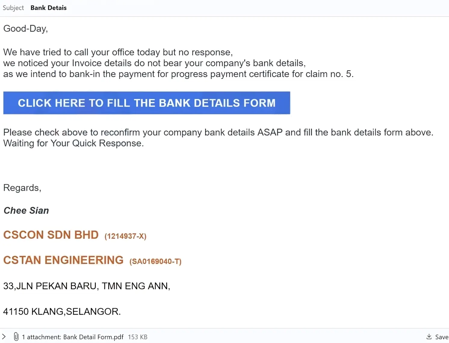 Phishing "Bank Details" email screenshot