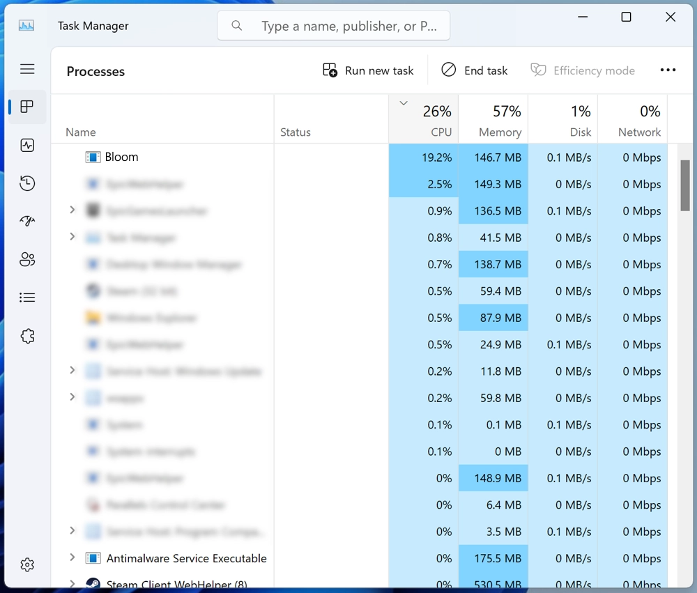 Bloom.exe 2 Bloom.exe in the Task Manager screenshot