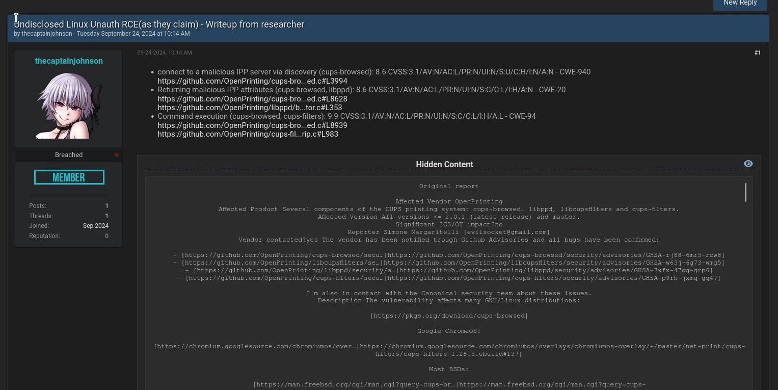 Multiple Vulnerabilities in Linux CUPS Discovered, Allows for RCE 3 Linux CUPS Breachforums