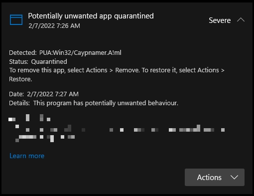 PUA:Win32/Caypnamer.A!ml 2 PUA:Win32/Caypnamer.A!ml detection screenshot