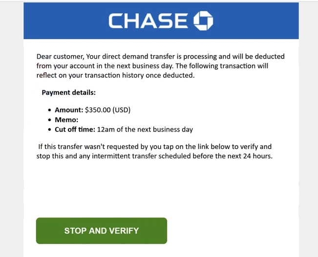 Chase - Transfer Is Processing And Will Be Deducted fake email screenshot