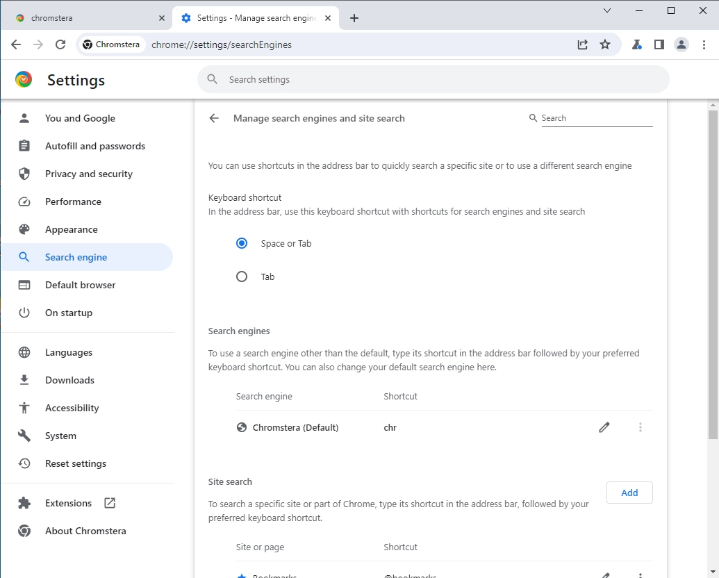Chromstera Browser 5 Chromstera settings screenshot