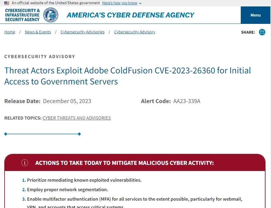 Federal Agency Hacked With ColdFusion Vulnerability 2 The Cybersecurity and Infrastructure Security Agency Report screenshot