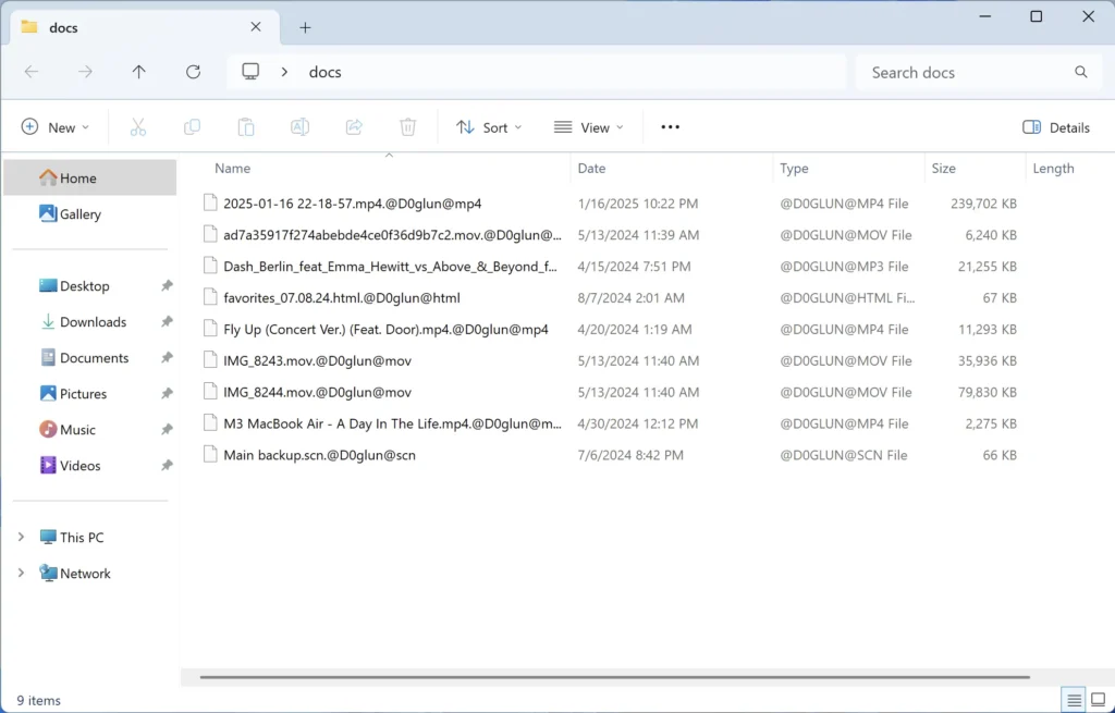 Windows Explorer showing files encrypted by D0glun ransomware with the .@D0glun@ extension appended