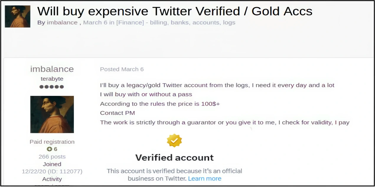 Verified X/Twitter Accounts Hacked to Spread Cryptoscams 4 Threat actors advertising to buy Twitter Gold accounts on dark web marketplaces screenshot