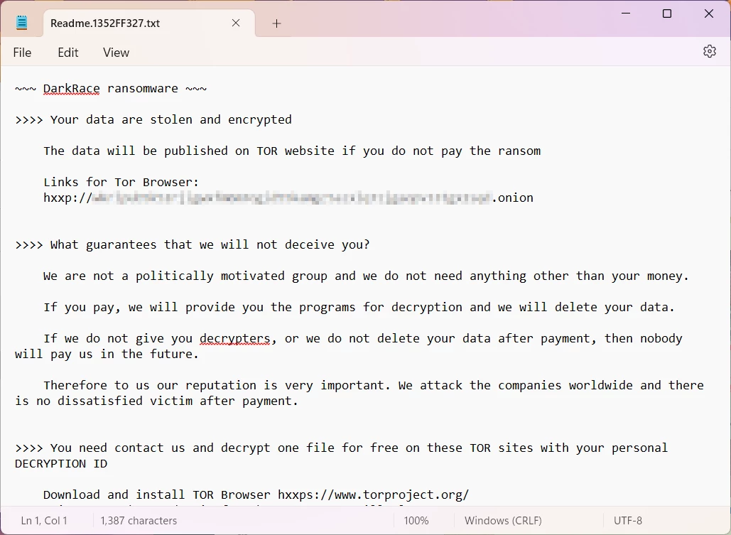 Donex, DarkRace, fake LockBit 3.0 and Muse Ransomware Decryptor Released 3 DarkRace Ransomware note
