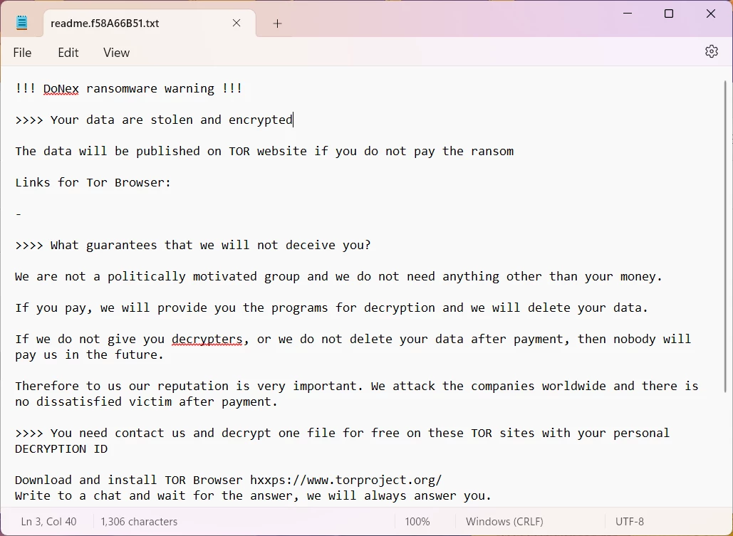 Donex, DarkRace, fake LockBit 3.0 and Muse Ransomware Decryptor Released 5 Donex ransom note