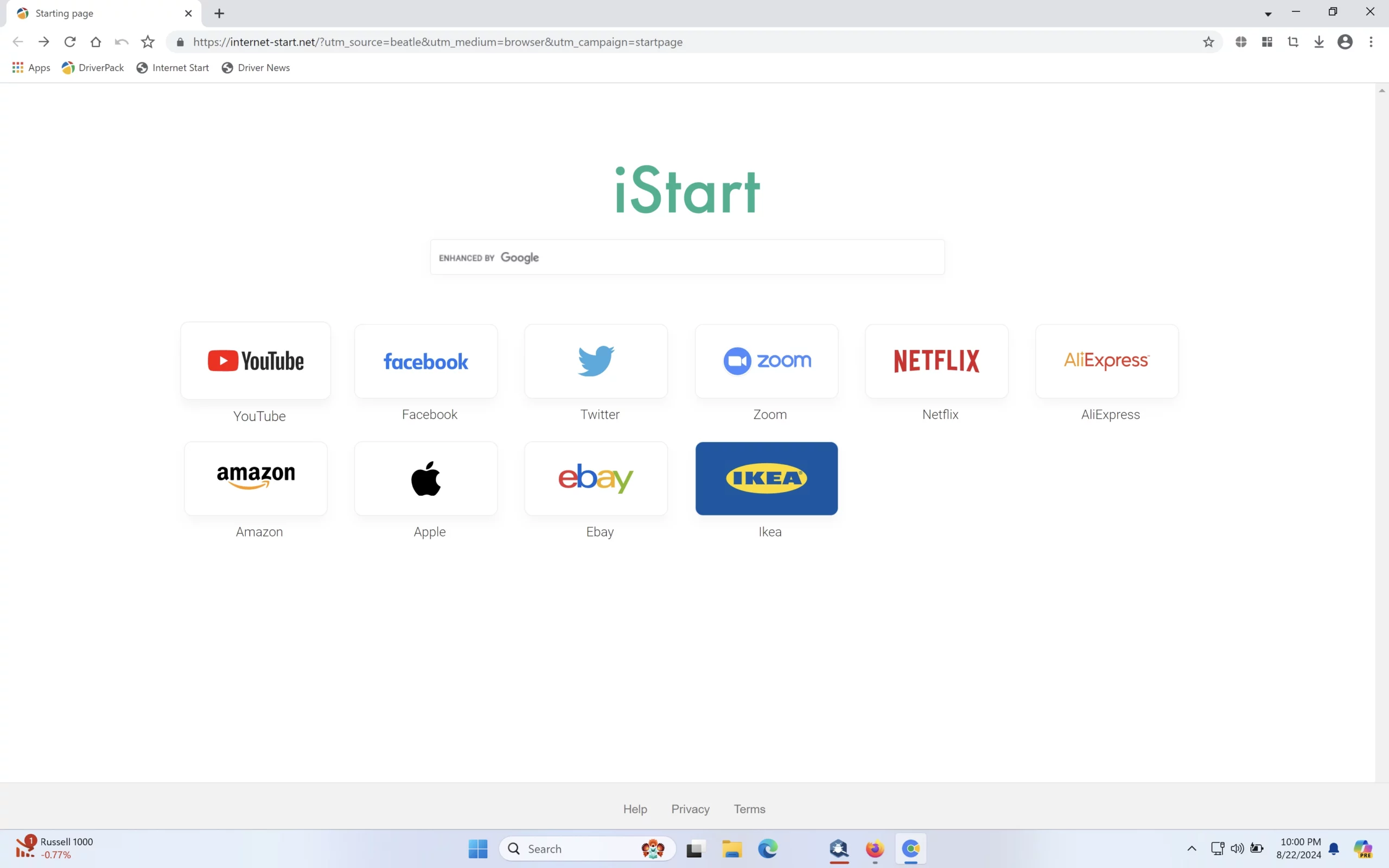 Browser hijacked by malware showing modified homepage