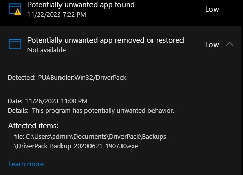 PUABundler:Win32/DriverPack 2 PUABundler:Win32/DriverPack detection
