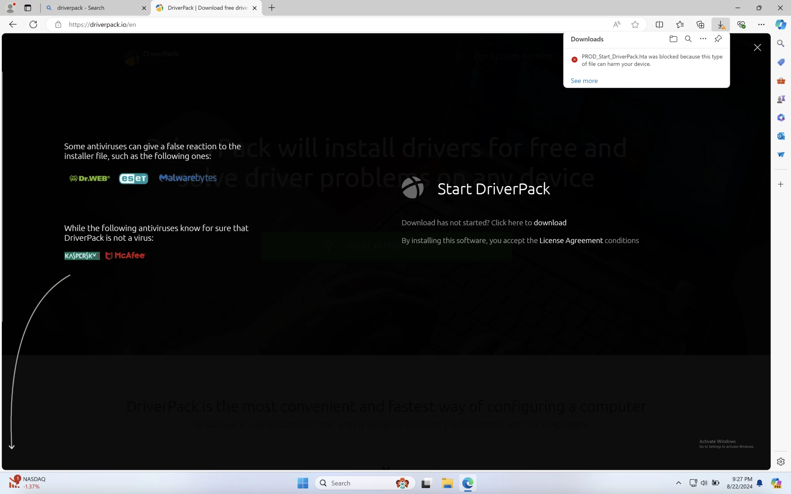PUABundler:Win32/DriverPack 3 DriverPack site warning