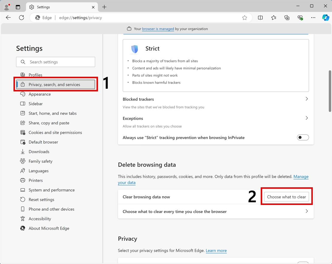 "Your Connection is Not Private" Error: When Your Browser Gets Trust Issues 7 Microsoft Edge settings page showing privacy options and clear browsing data controls